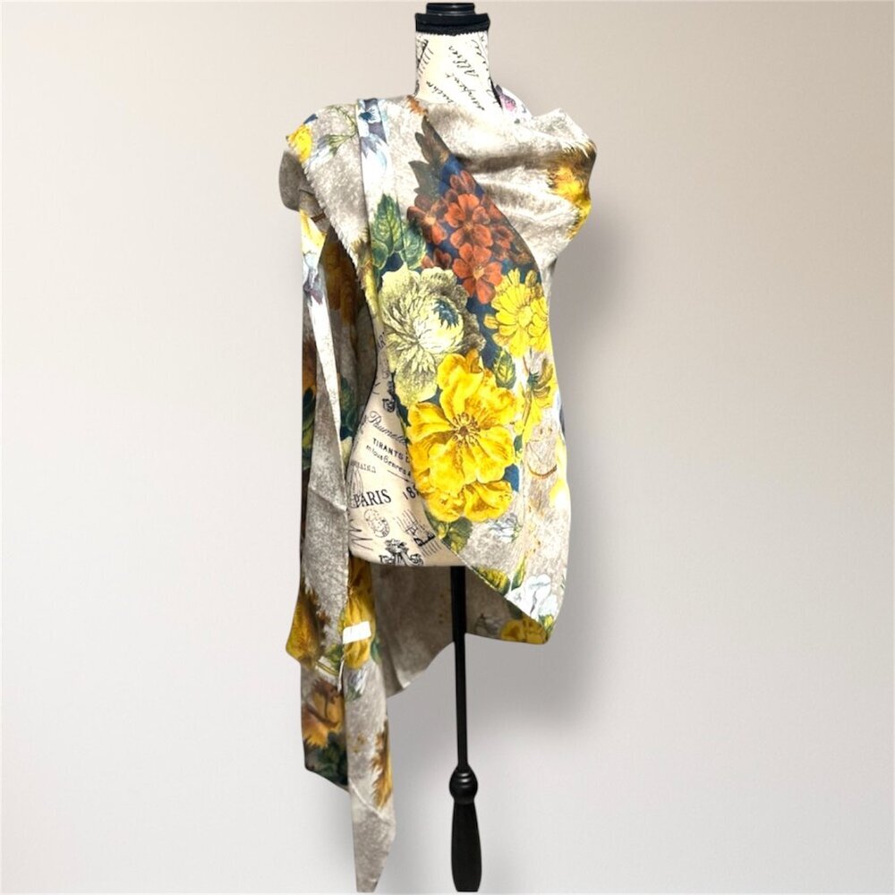 Kollie More Floral Print Long Scarf Wrap Shawl Tan Yellow Green Boho Art to Wear